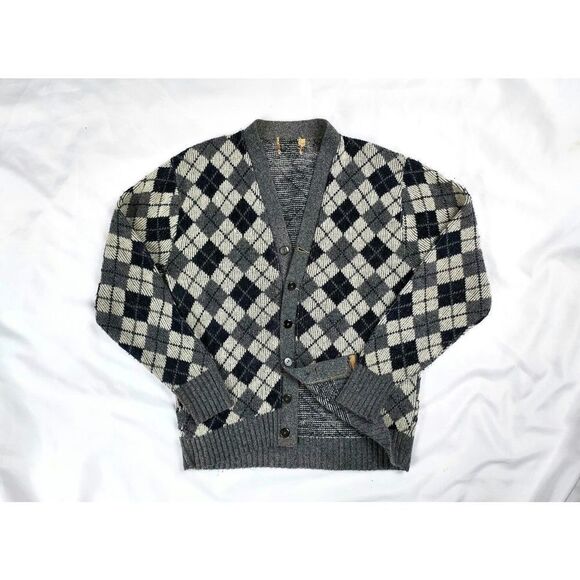 No Brand Other - 1950s 1960s MCM Grey Argyle Button Down Rockabilly Knit Cardigan Sweater Sz L